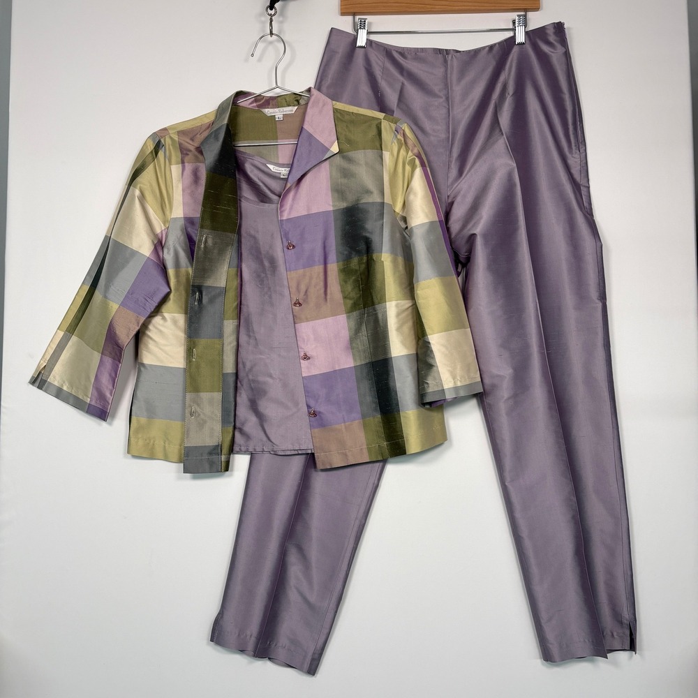 Connie Roberson Women Pant Suit Set L 14 Lavender Silk 3pc Plaid Jacket Tank Top